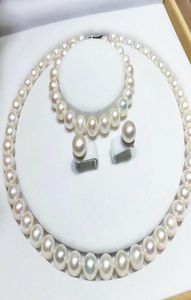 Perles fines bijoux de haute qualité 17 pouces 8MM mer du sud collier de perles blanches BRACELET boucle d'oreille ensemble 14K GOLD8720928