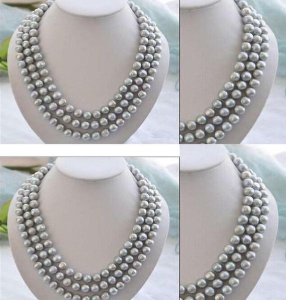 Bijoux fine bijoux de haute qualité triple brins 78mmsouth mer rond argent gris perle collier 18quot19quot20quot pull c5170624