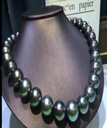 Joyas de perlas finas impresionantes 1315 mm Tahitian redondo verde negro Collar de perlas 18 pulgadas 142077146
