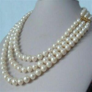 Fijne parels sieraden Drie-strengs natuurlijke 8-8 5 mm Akoya White Pearl ketting 17 18 19 14K GOUD CLASP245U