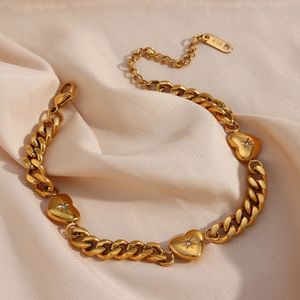 Finement poli en acier inoxydable plaqué or 18 carats Zircon pavé océan coeur chaîne cubaine bracelets bracelets pour femmes bracelet en or 240220