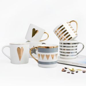 Tasse en porcelaine fine pour café, poignée de thé, peinte en or véritable, platine, cadeaux de mariage, saint-valentin, 6 motifs, cœur, étoiles, rayures, amour