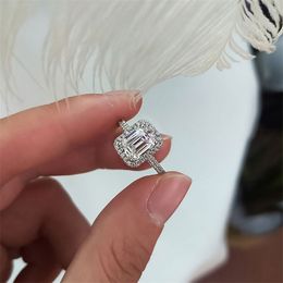 Bague de promesse Fine couleur argent coupe émeraude AAAAA cz pierre bagues de fiançailles de mariage pour les femmes bijoux de fête de mariée