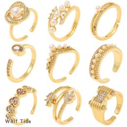 Bagues de manchette ouvertes de style coréen pour femmes de qualité supérieure, plaqué or 18 carats, micro-ensemble de zircones cubiques scintillantes, ouverture réglable, bague de queue polyvalente pour femmes