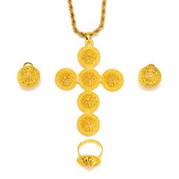 Fijne effen geel 18k gouden gf sieraden sets vrouwen ketting oorbellen ring grootschalige kruis hanger bruiloft bruid HABESHA