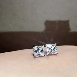 Fijne vierkante stud oorbel diamant echte 925 sterling zilveren verlovingsbruiloftoorbellen voor dames bruidsfeestsieraden