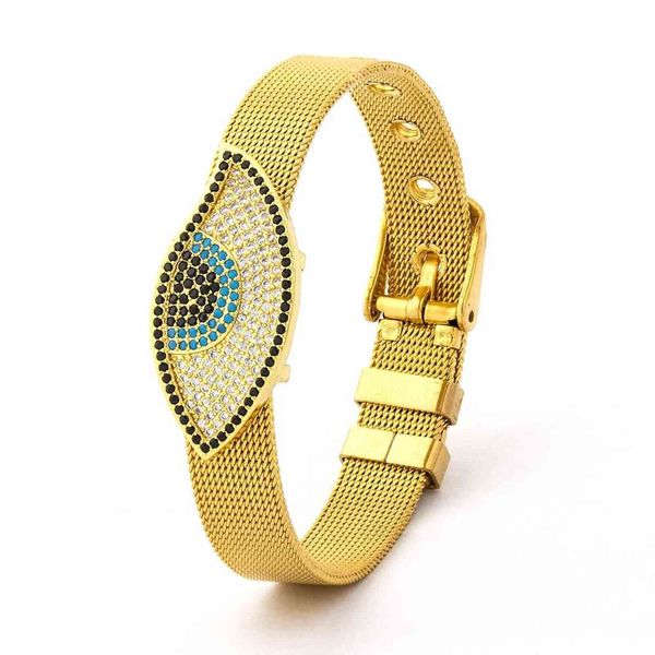 Bracelets en maille fine en acier inoxydable pour femmes hommes Couple amoureux couleur or mauvais yeux breloque montre ceinture bracelet bijoux cadeau