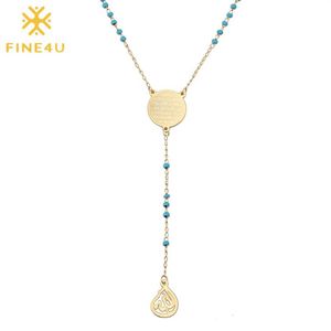 FINE4U N314 acier inoxydable musulman arabe imprimé pendentif collier couleur bleue perles chapelet collier longue chaîne bijoux 2093