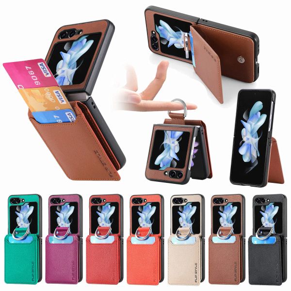 Funda para teléfono con soporte para anillo para Samsung Galaxy Z Flip5 Flip 5 4 3, soporte para tarjetas, anillo para dedo, cubierta a prueba de golpes, diseño de piel de Litchi, funda delgada de cuero PU