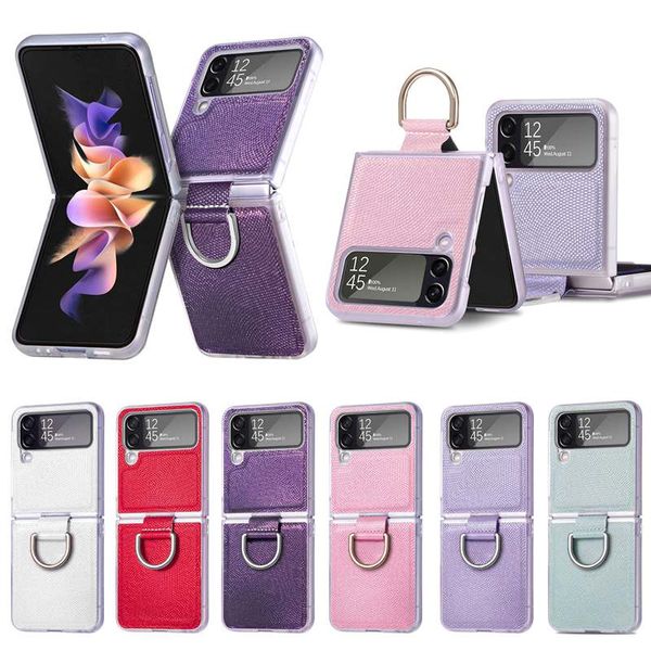 Fundas plegables de cuero con anillo de dedo para Samsung Galaxy Z Flip 4 Flip4 ZFlip4 Fashion Bling Shinny Hard PC Plastic Luxury Mobile Phone Flip Cover Pink PU Bolsas moradas