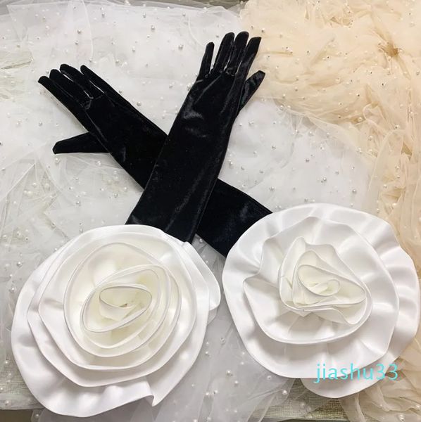 Gant sans doigts s élégant fleur blanche longue noir velours gant femme printemps automne Vintage conduite graphique Performance