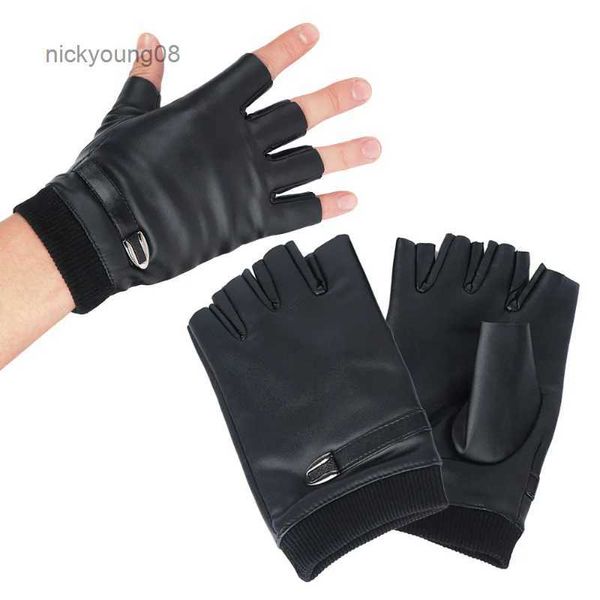 Gants sans doigts 2023Femmes noir en cuir PU gants sans doigts solide femme bouton chaud demi doigt conduite hommes moteur Punk gants épais GuantesL231017