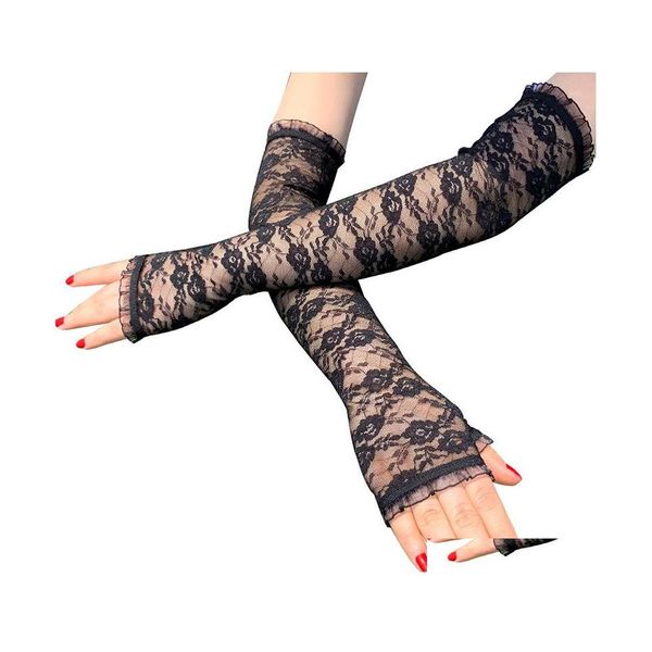 Gants sans doigts 40Cm Mariage Transparent Dentelle Femmes Noir Rouge Blanc Mode Printemps Mariée Sexy Longues Mitaines Drop Delivery Accessori Otxkr