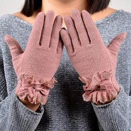 Vingerloze handschoenen [bysifa] dames roze haar wollen wanten mode vrouwen elegante kant borduurwerk strikje dikke warm zacht