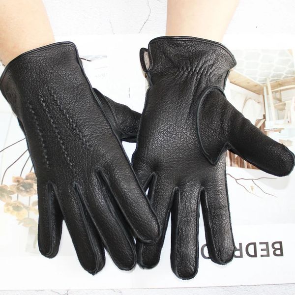 Gants sans doigts gants en peau de cerf extérieur en cuir pour hommes cousu rayé rétro moto équitation conduite automne et hiver doublure tricotée en laine 231128