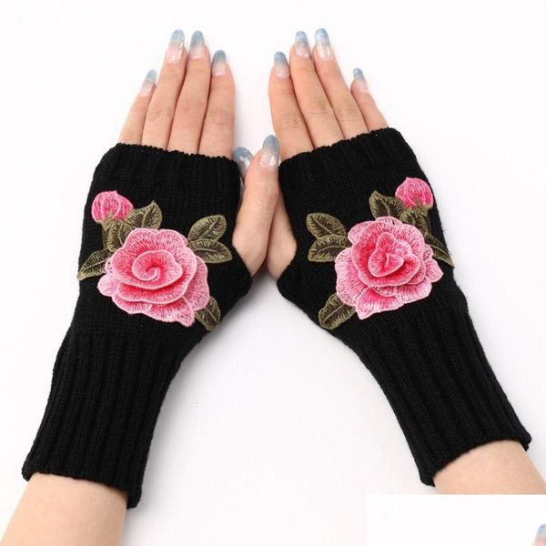 Gants sans doigts Gants d'hiver de mode Fleur Rose Doux Tricoté Chauffe-bras Mitaines sans doigts pour la livraison directe Mode Acce Dhgarden Dhmak