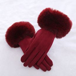 Gants sans doigts Mode Femmes Hiver Chaud En Daim En Cuir Écran Tactile Gant Femme Faux Rabit Fourrure Broderie Plus velours épais gants de conduite H92 230825