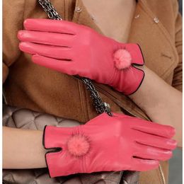 Gants sans doigts Gant en cuir véritable femmes chaud mode hiver dames gants chauffe-mains avec boule de fourrure de vison naturel gant de luxe avec doigt 231025