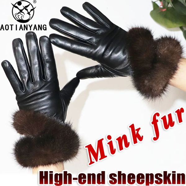 Gants sans doigts Gants de vison en peau de mouton haut de gamme en cuir rex gants de fourrure de lapin femmes hiver conduite équitation gants d'écran tactile véritable 231128