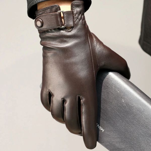 Guantes sin dedos Alta calidad Otoño Invierno 100% Geniune Piel de oveja Guantes de cuero Hombres Conducción Mitones Cálido Pantalla táctil Masculino A prueba de viento S2197 231128