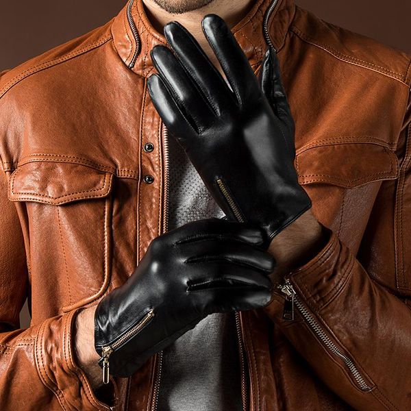 Gants sans doigts de haute qualité hommes mode décontracté hiver chaud en cuir véritable écran tactile mitaines noir Plus velours conduite