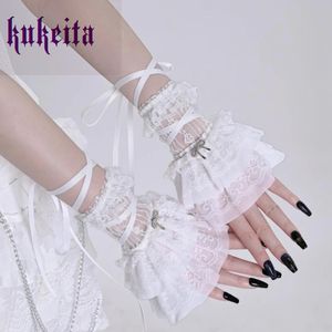 Gants sans doigts Japonais doux blanc dentelle gant gothique Lolita Cosplay pansement arc manches courtes bras gants sans doigts femmes vêtements accessoires 231128