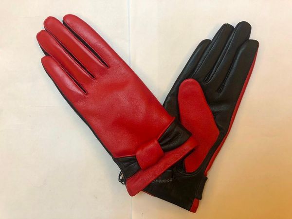 Gants sans doigts Gant en cuir pour écran tactile en peau de chèvre pour femme Contrat rouge Doublure chaude d'hiver noire