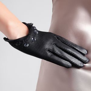 Gants sans doigts en cuir conduite mode pilote femmes minces sans doublure perforé style creux court printemps et automne cyclisme 221203