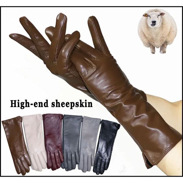 Gants sans doigts en cuir pour femmes, mi-longs en peau de mouton et velours épais, chaleur d'hiver, couleur, style écran tactile 231128