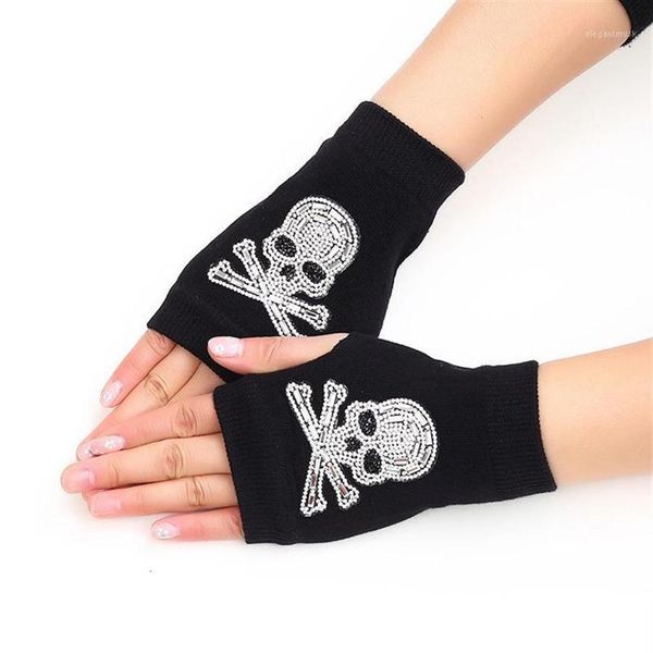 Guantes sin dedos Encantadores animales de dibujos animados Patrón Cráneo Remache de invierno Mujeres Cálidos Diamantes de punto Lentejuelas Baile fresco G1011280I197b