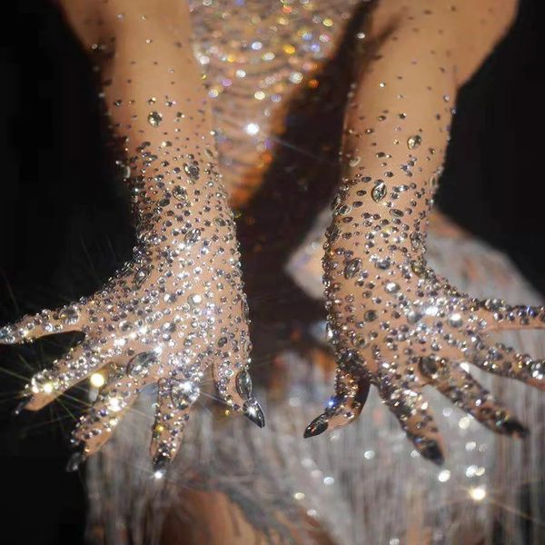 Guantes sin dedos Guantes de diamantes de imitación de lujo Guantes largos de fiesta de malla de cristal brillante Bailarina Cantante Discoteca Danza Escenario Accesorios para espectáculos 231128