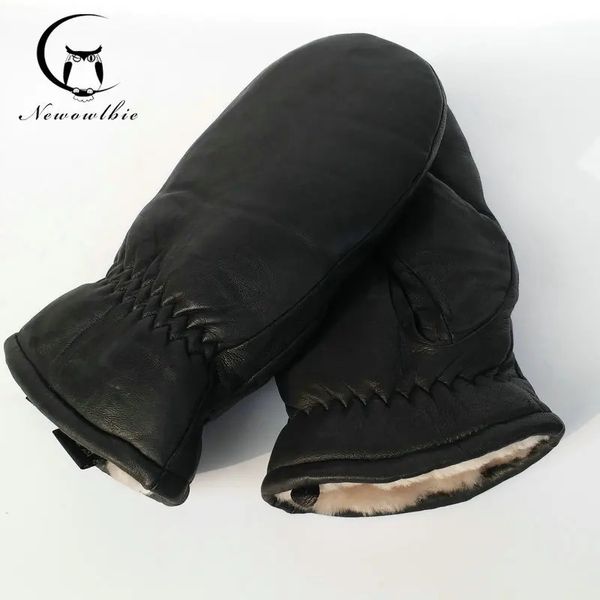 Guantes sin dedos para hombre, guantes de piel de oveja, guantes de cuero genuino para hombre, invierno, guantes térmicos gruesos de piel cálida para exteriores 231025