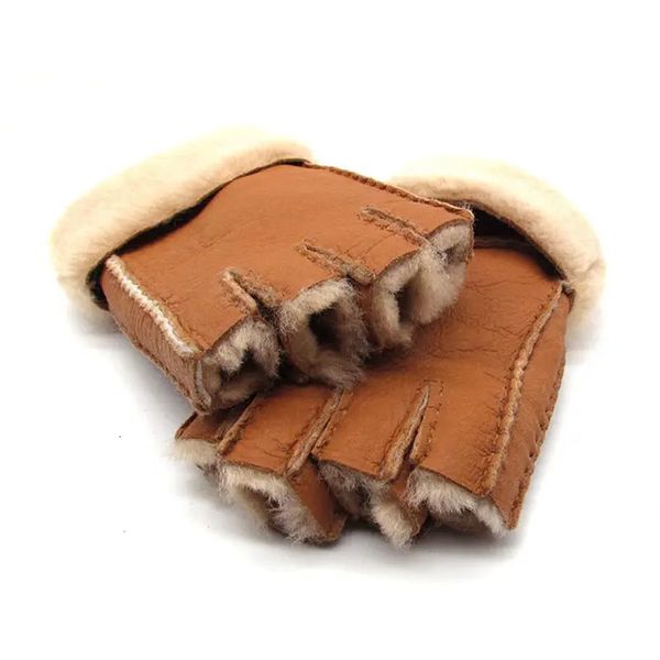 Fingerlose Handschuhe Männer Frauen Herbst Winter verdicken warme natürliche Wolle Pelz Lederhandschuh Fäustling Halbfinger R3385 231122