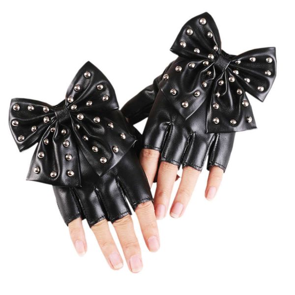 Gants sans doigts Nouvelles Femmes Bowknot Rivet Stade Performance En Cuir Demi Doigt Gants De Mode Sexy Personnalité Femme Discothèque Hip Hop L221020