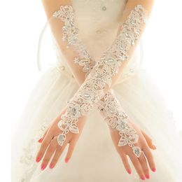 Vingerloze handschoenen opera lengte lange trouwjurk handschoenen kristallen diamant gaas borduurwerk elegante dames kanten bruidshandschoenen groothandelsprijs 230314