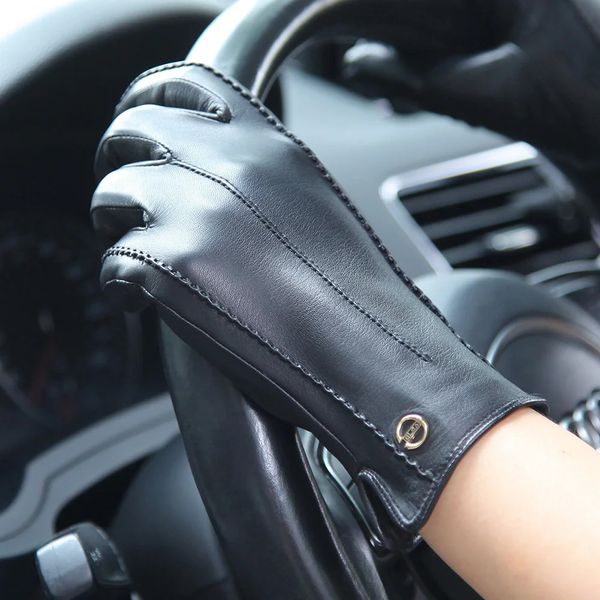 Guantes sin dedos Guantes de cuero real Mujer Otoño Invierno Térmico Negro Mujeres Piel de oveja Guantes de conducción Tamaño XXL Forrado con felpa EL023NC 231121