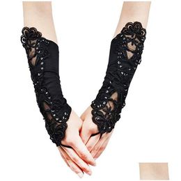 Guantes sin dedos Lentejuelas Encaje Mujer Mujer Corto Medio Satén Costura Granos Moda Sexy Lady Retro Conducción Guante Drop Delivery Accesso Dhn29