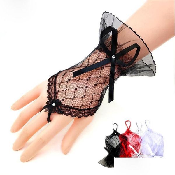 Mitaines Gants À La Mode Blanc Noir Rouge Couleur Mariée Partie Sexy Dentelle Court Arc Gant Pour Femmes Drop Delivery Accessoires De Mode Chapeau Dh1Dp