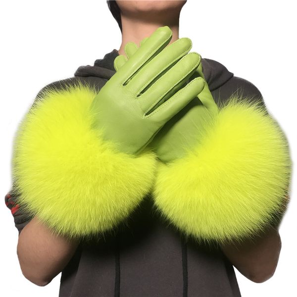 Gants sans doigts en gros fourrure hiver femme de luxe Style chaud en peau de mouton en cuir véritable conduite épaississement mitaine 230825