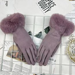 Gants sans doigts hiver élégant femmes col de fourrure et velours dame doigt écran tactile mitaines de couleur unie 231122
