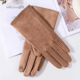 Guantes sin dedos invierno más terciopelo cuero de gamuza gruesa deportes esquí ciclismo mitones cálidos guantes de conducción con pantalla táctil de dedo completo para mujer R90L231017