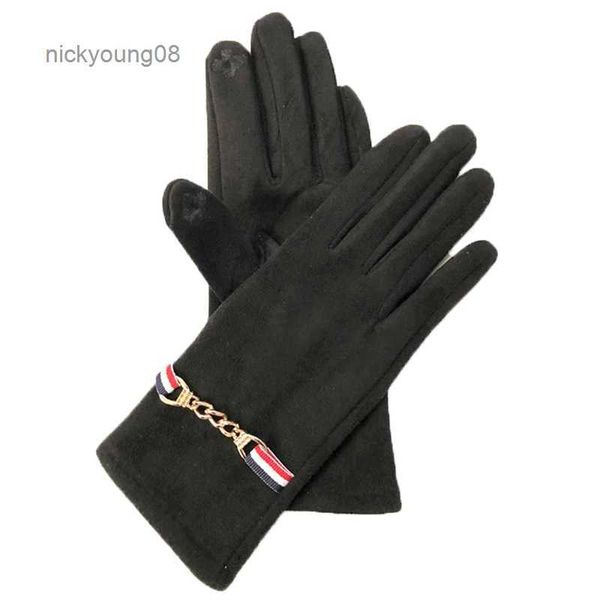 Gants sans doigts femmes automne hiver daim cuir chaîne en métal peluche chaud conduite mitaine femme broderie fleurs écran tactile gant de cyclisme O18L231017