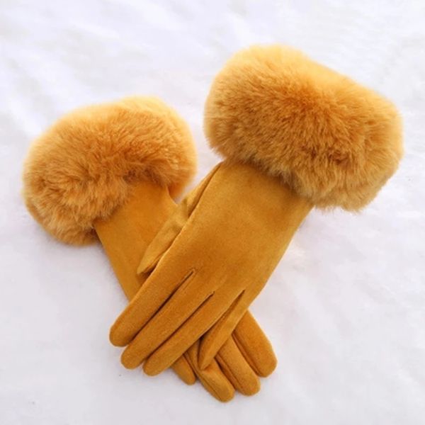 Gants sans doigts Femmes Fausse Fourrure De Lapin Poignet En Daim En Cuir Écran Tactile Gant De Conduite Hiver Chaud En Peluche Épais Doigt Complet Cyclisme Noir Mitaine H92 230826