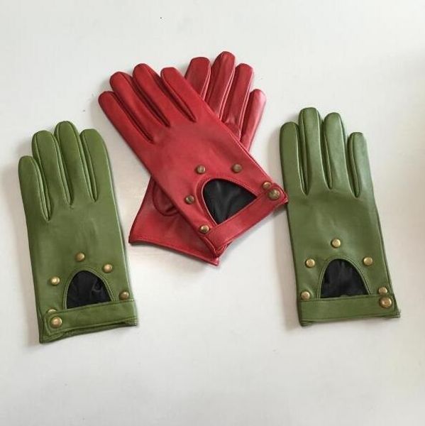 Gants sans doigts en cuir naturel pour femmes, rivets de Style Punk, en cuir véritable ajouré, gants de conduite de moto rouge vert R749 221203