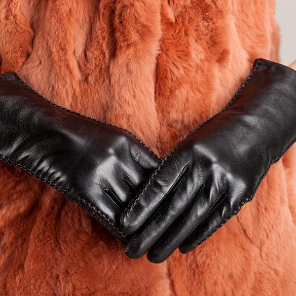 Guantes sin dedos YHPCEE Alta calidad Alta moda para mujer Invierno Cálido Montón grueso Importado A prueba de frío Cuero hecho a mano Piel de oveja KU-02