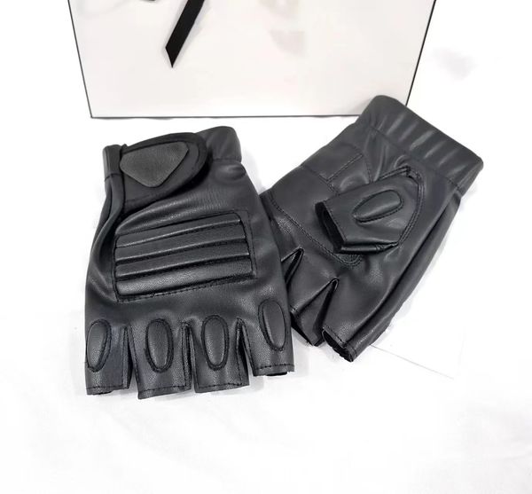 Gants en cuir sans doigts Gants de créateur pour hommes Cinq gants de sport pour hommes Noir Automne et hiver Polaire Extérieur Noir Gants en cuir de course de moto