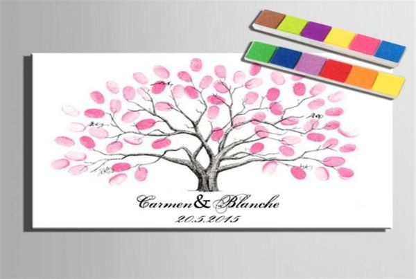 Pintura en lienzo con firma de árbol de huellas dactilares, decoración de regalo de boda para coche, nombre y fecha personalizados, incluye 6 colores de tinta 195q6711414