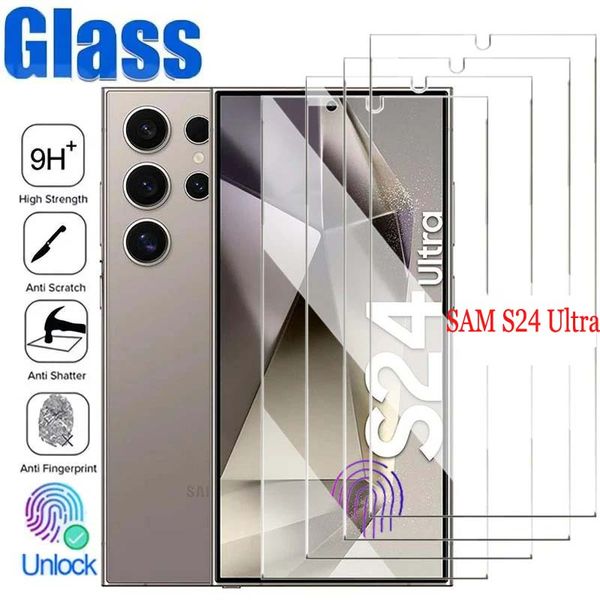 Empreinte digitale déverrouiller le verre trempé transparent en soie pour Samsung S24 Ultra S23 plus S22 S21 Galaxy Note 20 0,18 mm 2.5D Film Full Glue Premium Proof Screen Protector oppbag