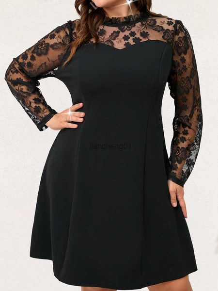 Finjani vestido de invierno Sexy manga de encaje diseño señoras vestido de talla grande ropa de mujer Casual negro Oficina señora vestidos L230619