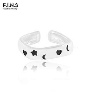 FINS Trendy S925 Sterling Silver Graffiti Star y Moon Heart Ring Mujeres Apilable Abierto Índice de tamaño variable Dedo medio Joya fina 240401